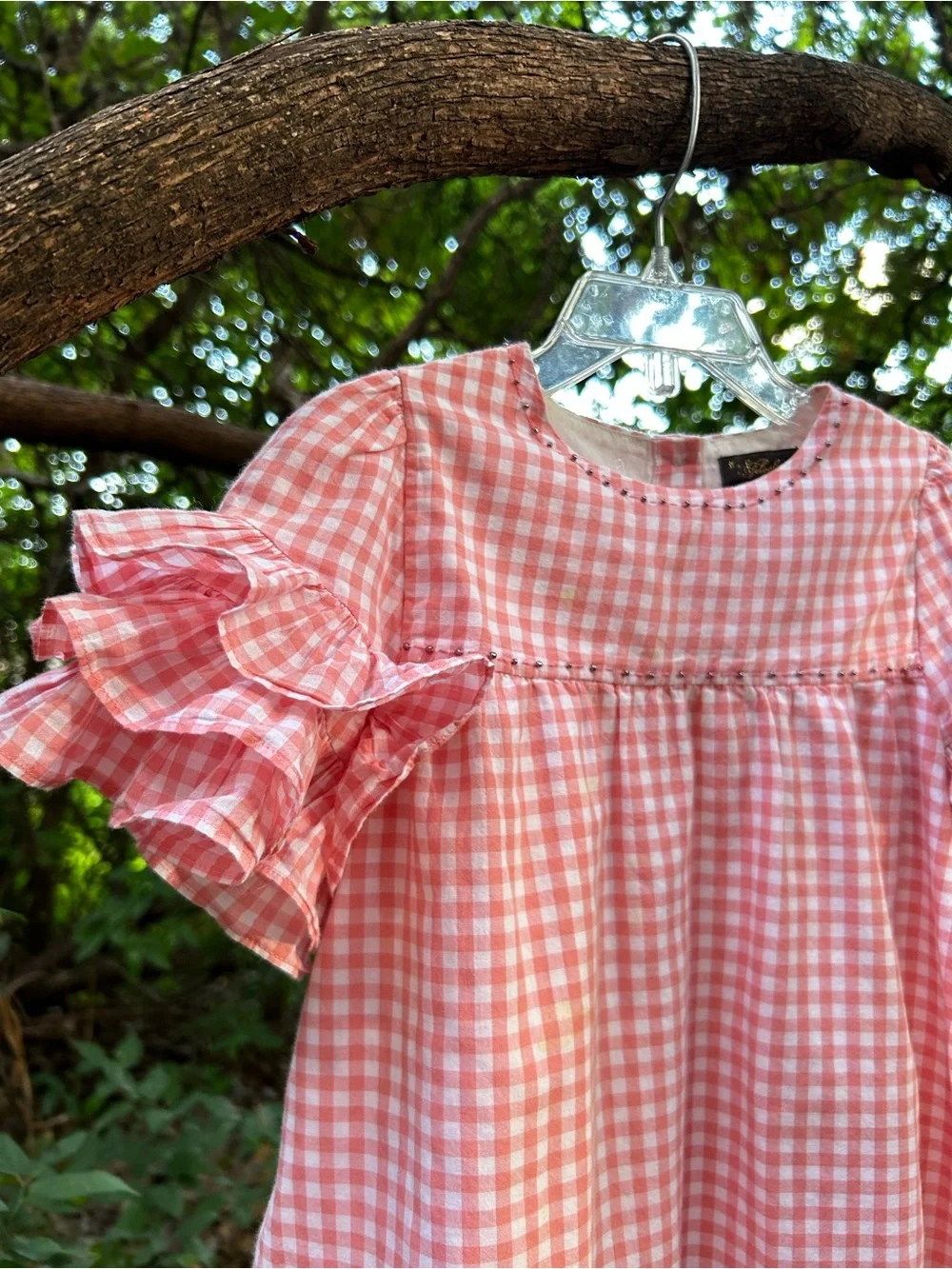 Velveteen Pink Gingham Ruffle-Sleeve Casual Dress
